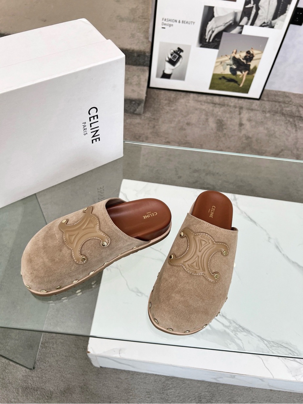 Celine Triomphe Beige Suede Studded Mule Slides